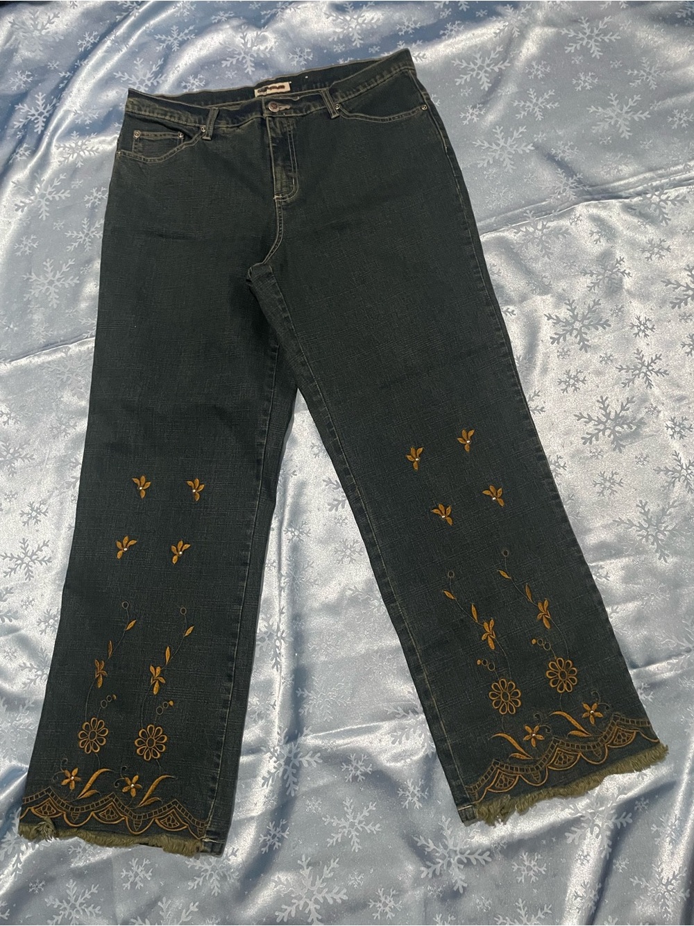 Faded Glory Black Wide-Leg Jeans with Gold Floral Embroidery